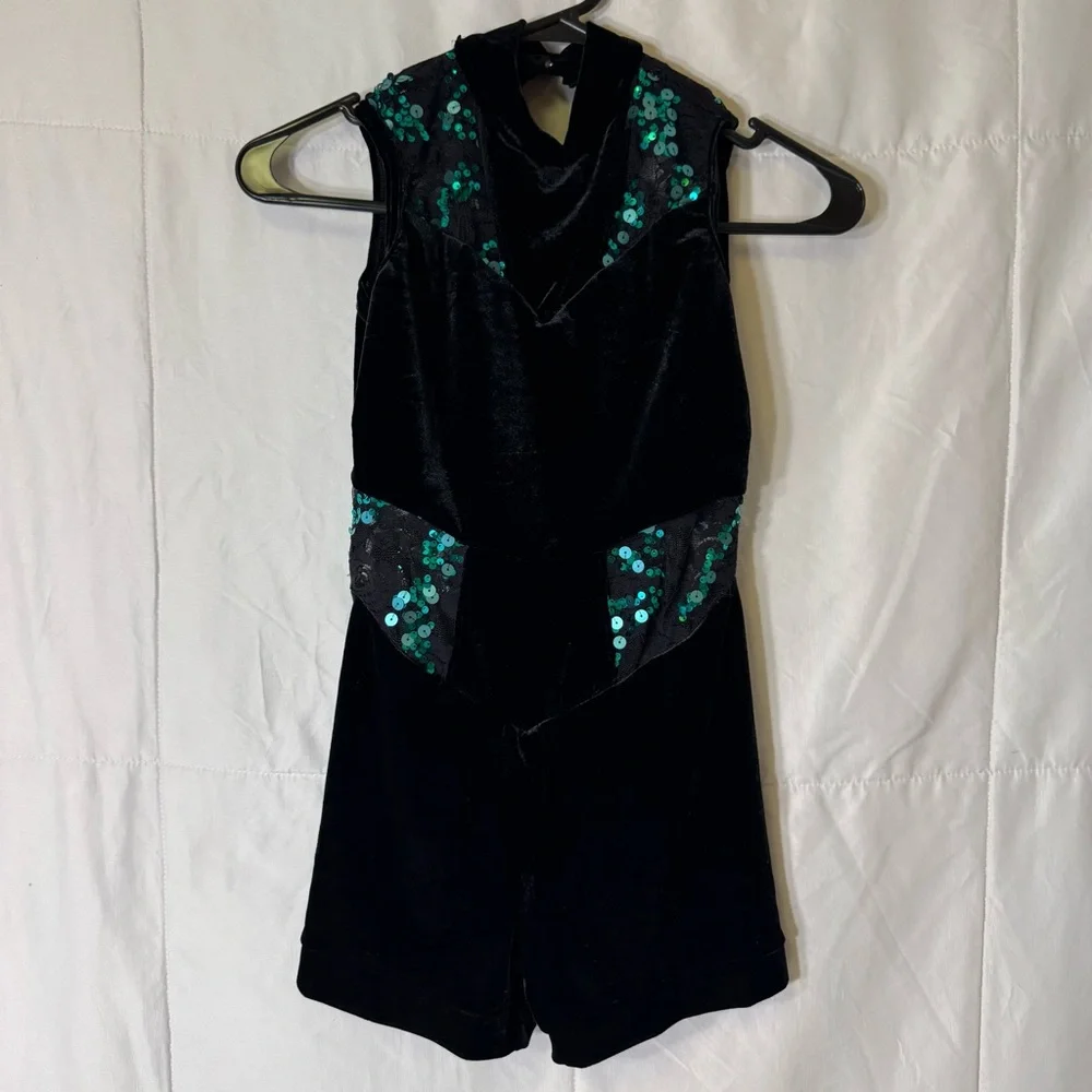 Weissman Girls Black Velvet‎ Sequin Dance Costume Small 4-6 Jazz Tap